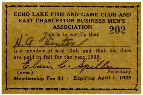Echo Lake Fish and Game Club membership card, 1933